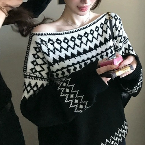 Skk Store Rl1 Winter Fair Isle 26-Count Soft Wool Yarn Off-Shoulder Old Money Color-Block Jacquard Knit Sweater Skk Store Rl1 Winter Fair Isle 26-Count Soft Wool Yarn Off-Shoulder Old Money Color-Block Jacquard Knit Sweater