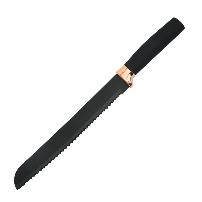 Cuchillos de acero inoxidable de cocina de punto de comercio exterior juego completo de cuchillos de cabezal de galvanoplastia de oro rosa, mango recto de hoja negra, succión de doble cara