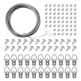 相片悬挂套件100英尺编织悬挂线,60个D环图片挂钩带螺丝60铝压环