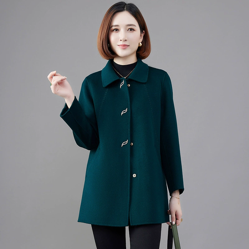 Double-Sided Velvet Wool Coat for Mothers - Demi-Season, Plus Size, Classic Collar, Cozy Warmth