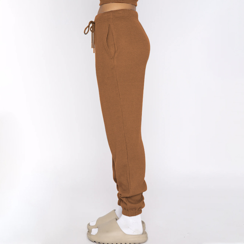 Spring Summer Solid Color Waffle round Neck Short Sleeve Women Clothing Casual Trousers Sets