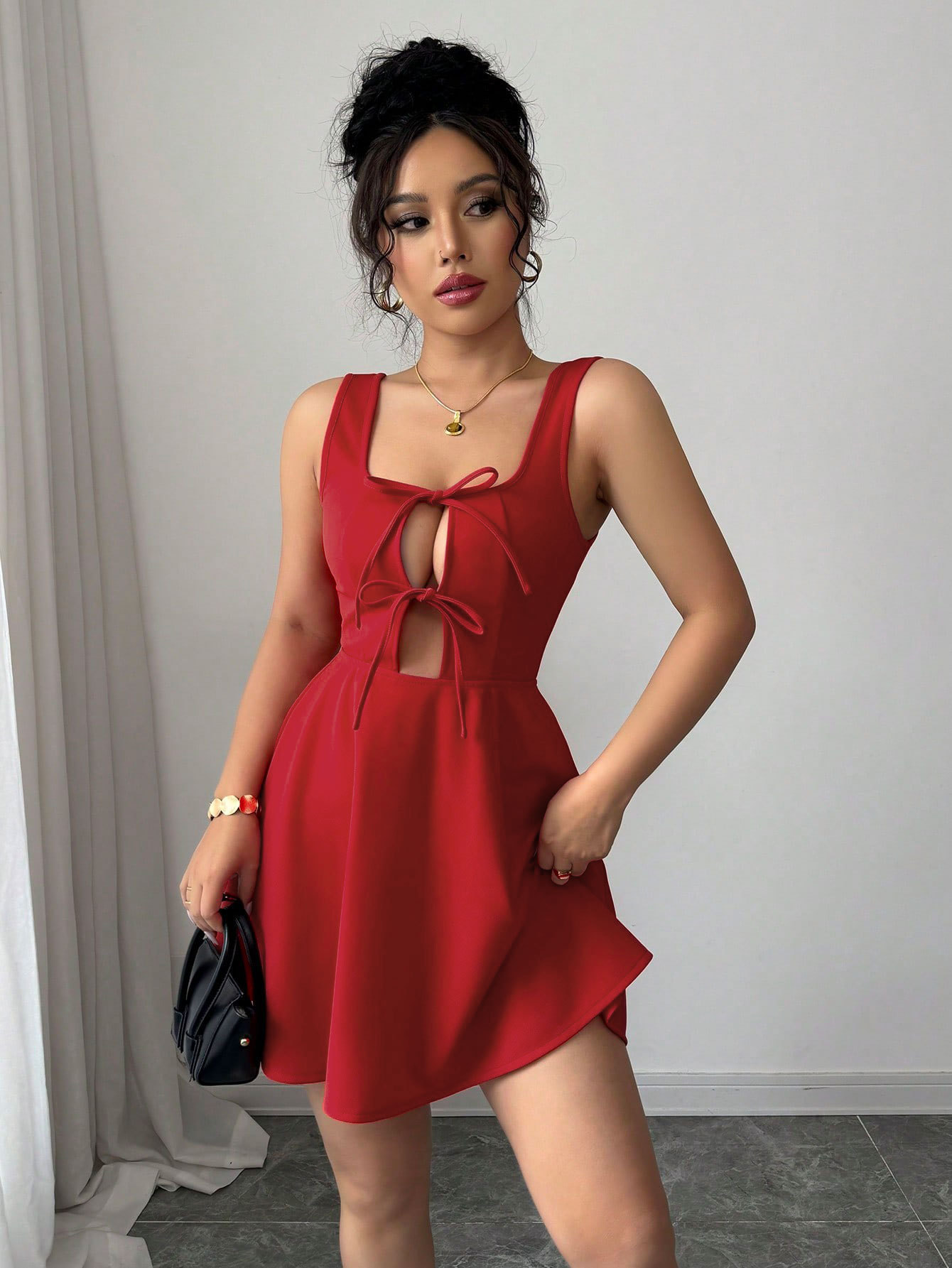Women Clothing Summer Sexy Square Collar Red Dress A line Slip Dress