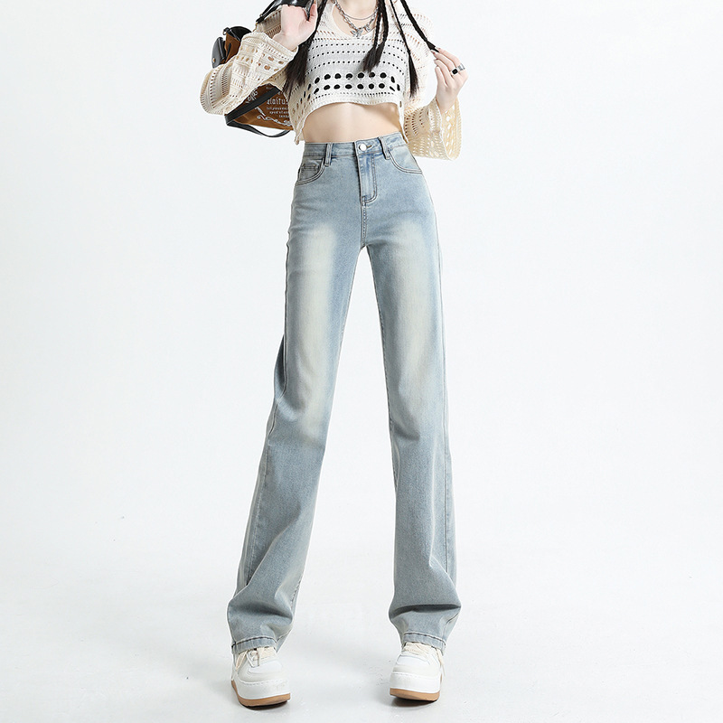 Light Color Straight Leg Jeans Women's 2025 New Korean Style Old-fashioned Small Stretch High Waist Slimming Smoke Tube Pants Light Color Straight Leg Jeans Women's 2025 New Korean Style Old-fashioned Small Stretch High Waist Slimming Smoke Tube Pants