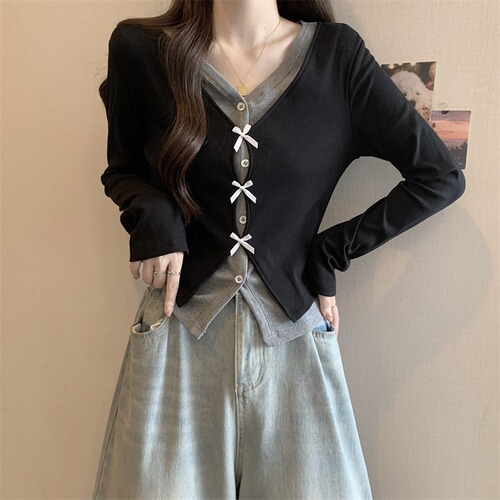 MR Original Design Early Autumn Two-Piece Color Blocking V-Neck Slimming Loose Casual Versatile Long-Sleeve Cardigan Top