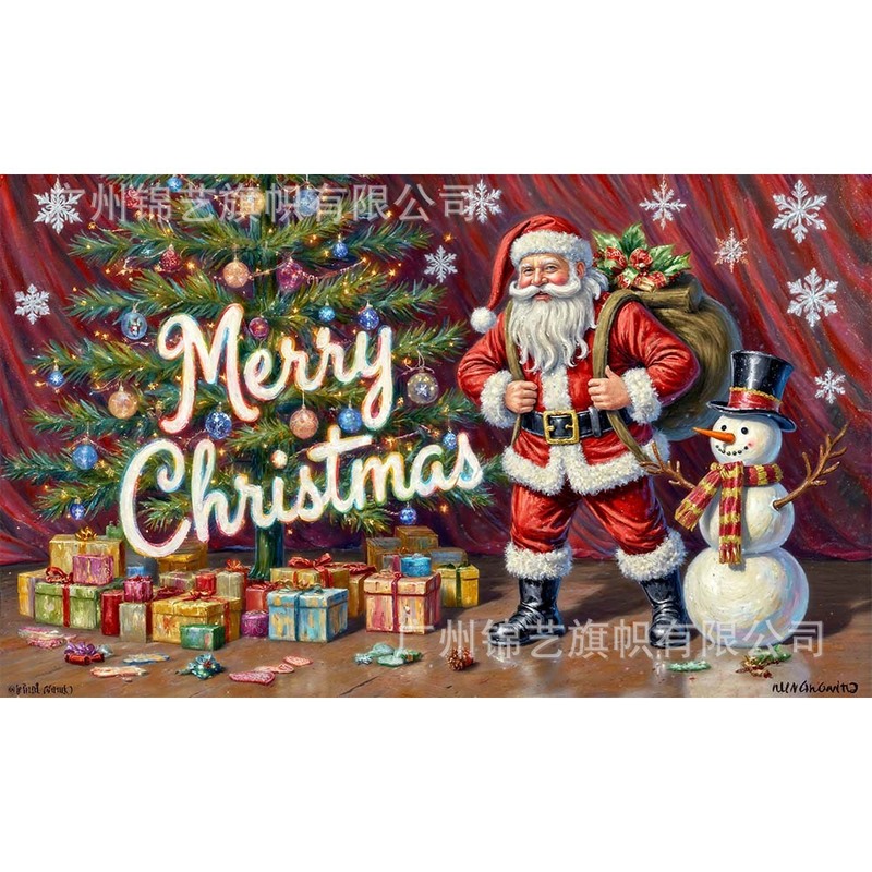 2025 新しいクリスマス背景布サンタクロース雪だるま油絵スタイルバナーホリデーパーティー装飾雰囲気|undefined