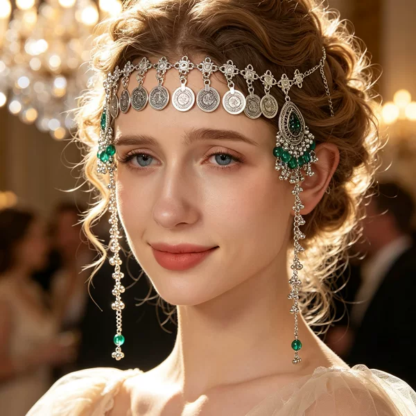 Cross-Border Hot Selling Ethnic Style Multiple Ancient Coin Hair Accessories Water Drop Long Tassel Forehead Chain Design Hair Chain