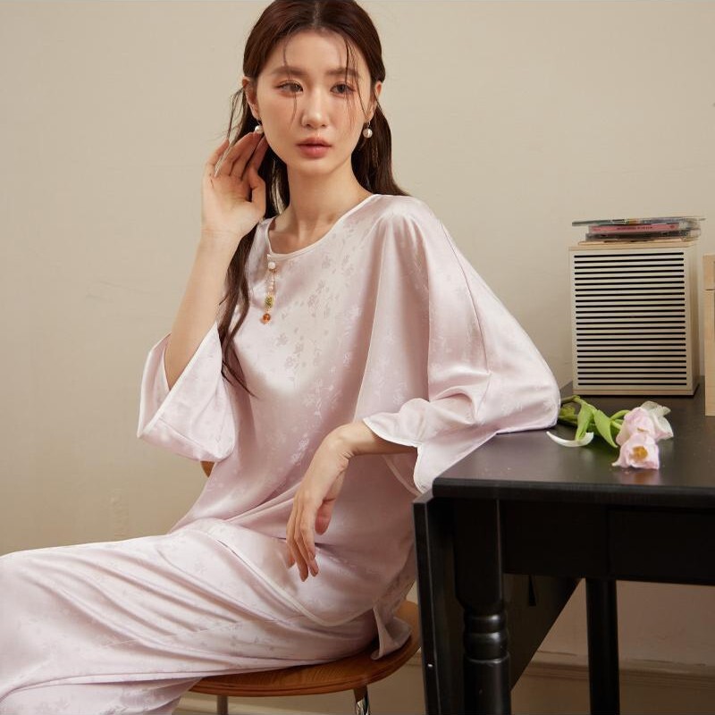Silk Pajamas for Women, Spring and Summer, New Chinese Style, Jacquard Silk, Light Luxury, Round Neck, Jade Home Wear Set, Lazy Style