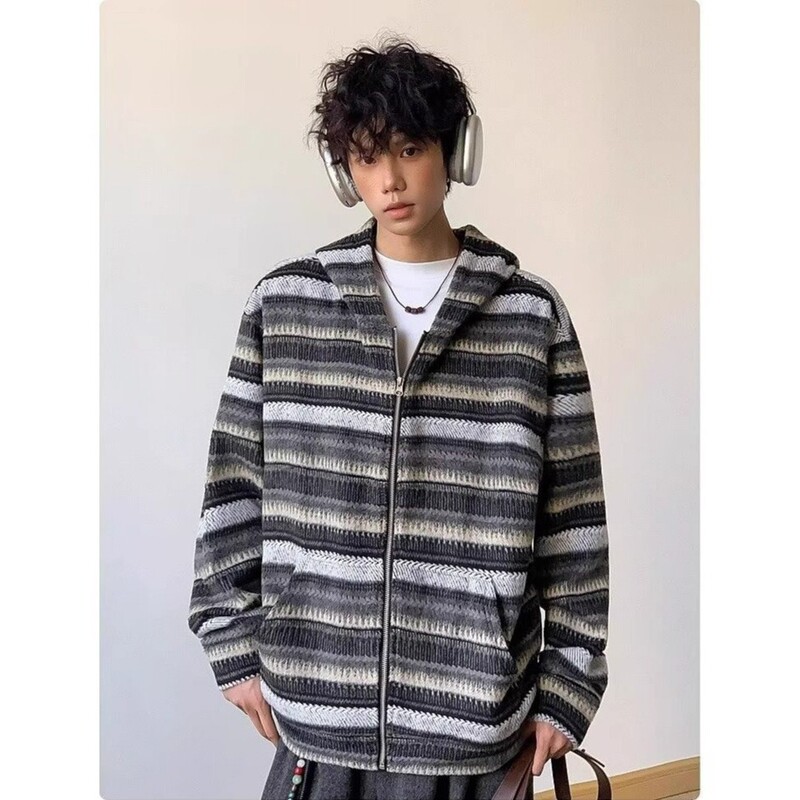 American-Style Brown Retro Striped Patchwork Sweatshirt for Men, Autumn Trendy Brand Loose Casual Couple's Long-Sleeve Zip-Up Jacket American-Style Brown Retro Striped Patchwork Sweatshirt for Men, Autumn Trendy Brand Loose Casual Couple's Long-Sleeve Zip-Up Jacket