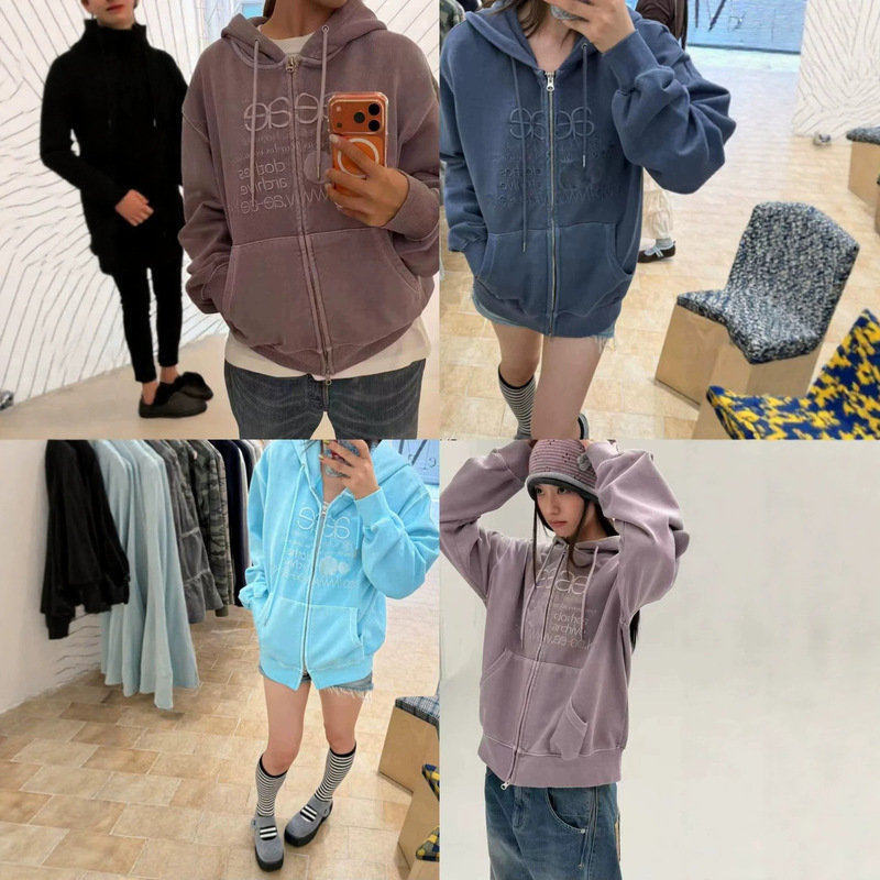 26 Autumn Korean-style popular ae*ae washed letter embroidery hooded cardigan women's sweatshirt jacket, casual and loose fit 26 Autumn Korean-style popular ae*ae washed letter embroidery hooded cardigan women's sweatshirt jacket, casual and loose fit