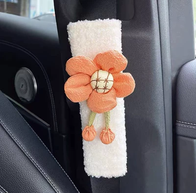 Belt Interior Accessories Practical, Seat belt shoulder pad - white-pink-five-petal-flower-20cm7cm