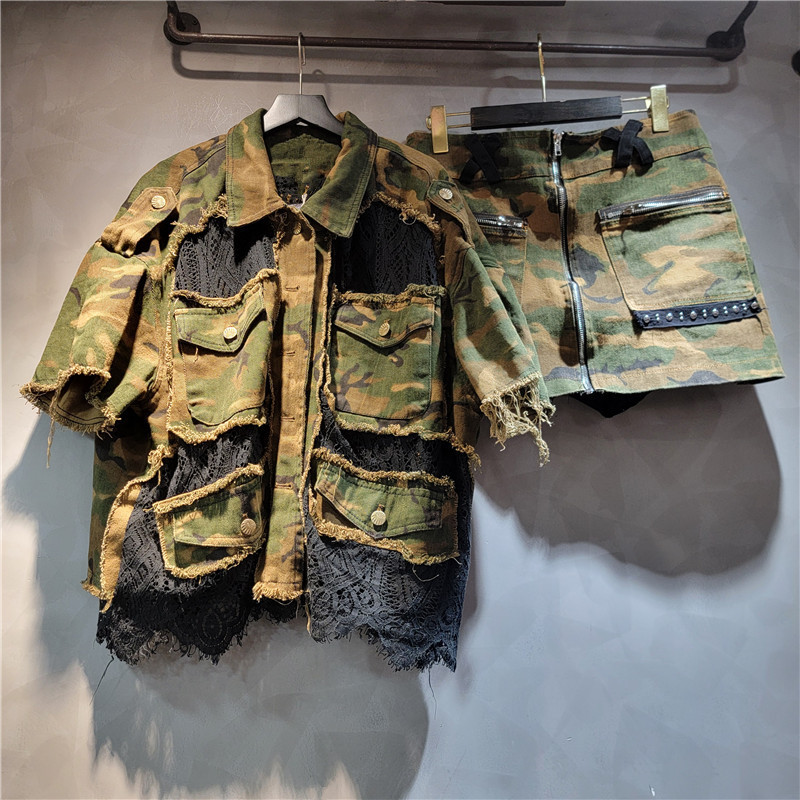Personalized Fashionable Camouflage Printed Denim Short-Sleeved Shirt Short Skirt Pants Skirt Two-Piece Set Women's Summer Fashionable Suit