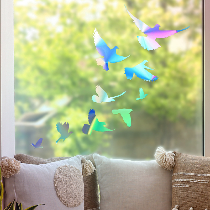 New PET Laser film reflective colorful carved wall stickers DIY pigeon combination glass wall sticker LS008