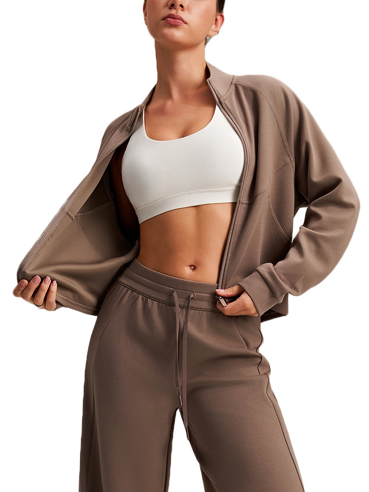 Otoño y invierno temperamento de collar vertical abrigo deportivo mangas largas delgado versátil ropa de fitness delgada bolsillo grande chaqueta casual suelta