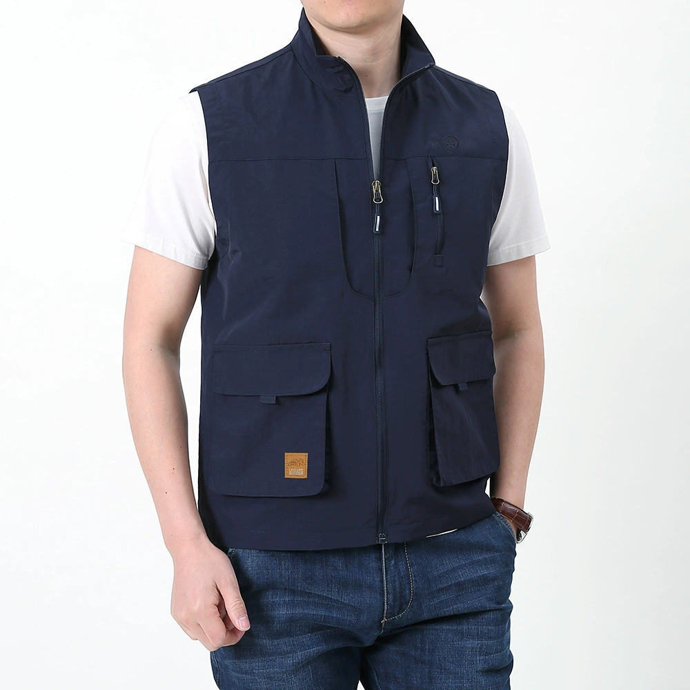Индивидуальная фотография, рыболовный весенний однотонный кардиган, повседневный мужской жилет, Свободный жилет с несколькими сумками, воротник-стойка, рабочая одежда, жилет