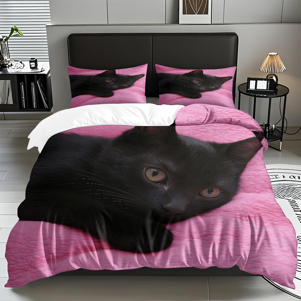 TEMU / JIT adorable gatito impresión digital suave set de colcha de edredón textil para el hogar se puede diseñar venta directa de fábrica