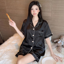 韩版少女睡衣短袖短裤冰丝夏季黑色纯色简约款宽松翻领家居服批发
