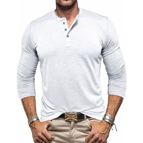 Spring and Autumn Men's T-Shirt Thin Style American Youth Fit Henley Shirt Long Sleeve T-Shirt for Men Bamboo Cotton High Elastic Quick-Drying Clothing