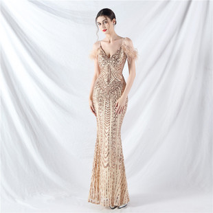 31970# foreign trade new positioning flower bead craft order ostrich feather high-end evening dress