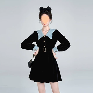 法式娃娃领黑色丝绒连衣裙女冬季赫本千金风气质生日裙小礼裙跨境
