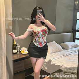 跨境外贸新款性感欧美小众提花油画鱼骨胸衣吊带修身时尚两穿夏季