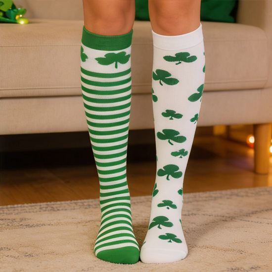 Cross-Border Mid-Calf Socks with Clover Print, Green Stripes, Color-Blocking, Creative Holiday Gift, Unisex Sports Socks Cross-Border Mid-Calf Socks with Clover Print, Green Stripes, Color-Blocking, Creative Holiday Gift, Unisex Sports Socks