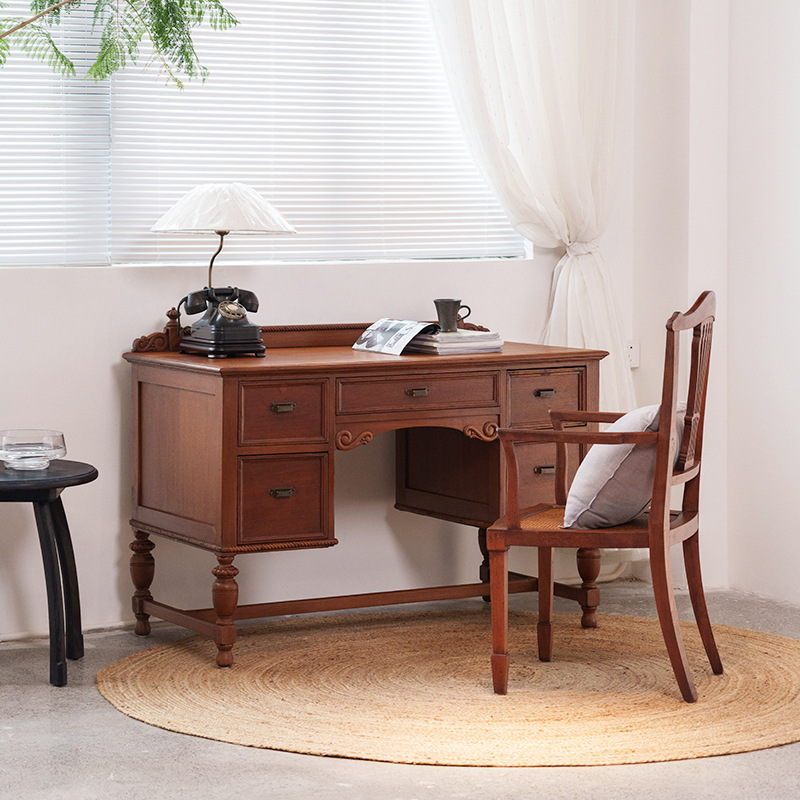 Medieval Teak Desk and Chair Combination Silent Style Desk Vintage Writing Desk Antique Medieval Furniture