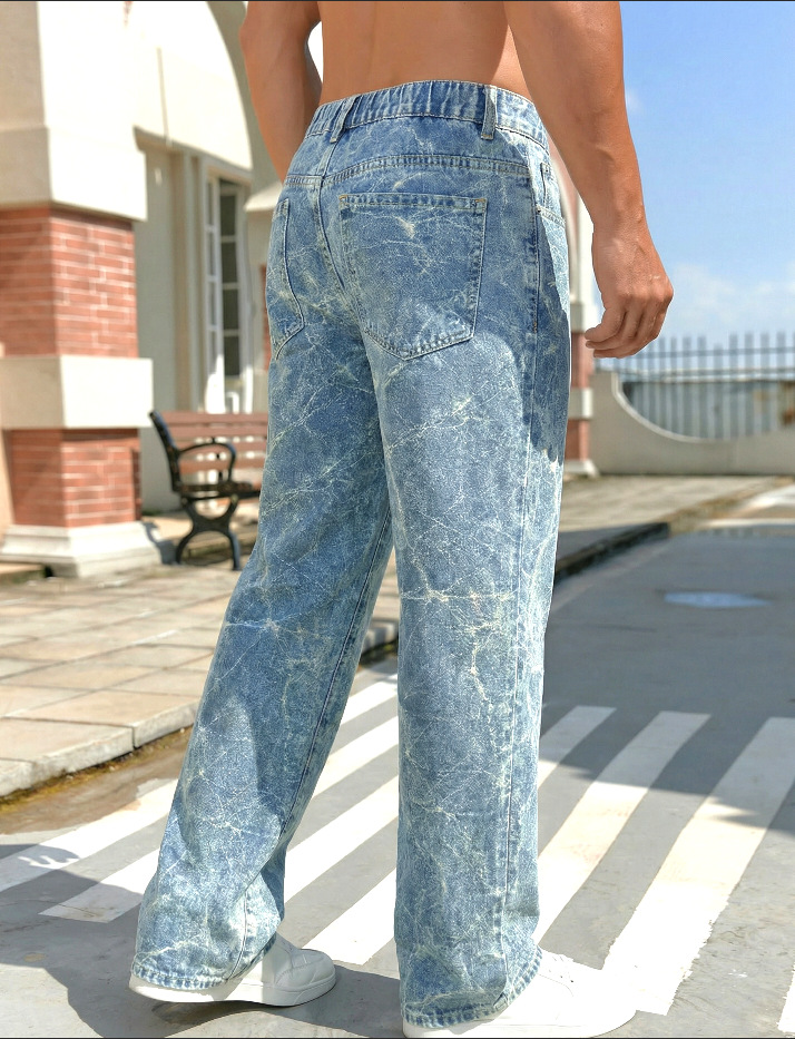Men's Trendy Versatile Tie Dye Jacquard Wide Leg Straight Leg Jeans Autumn Winter Retro Washed Denim_mkmklike.com