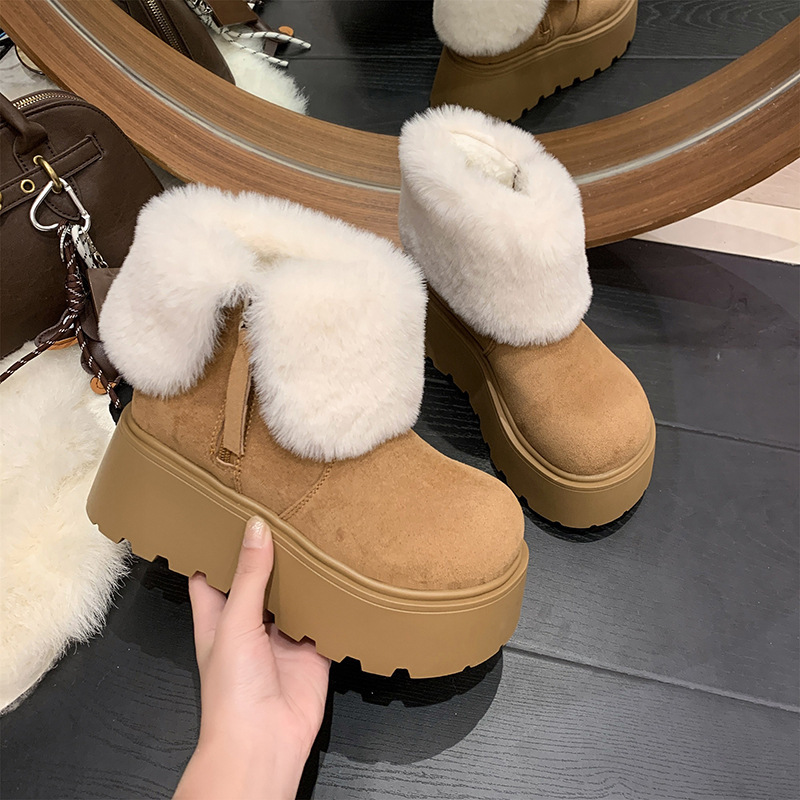 White Retro Velvet Anti-Slip Thick-Soled Snow Boots for Women 2025 New Autumn and Winter Small Height-Increasing Soft-Soled Cotton Slippers