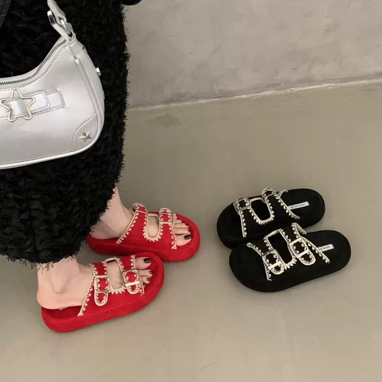 Велюровые шлёпки на платформе, тапочки, обувь, пляжные, подходят с юбкой, с вышивкой