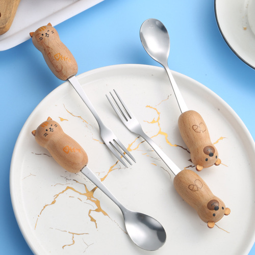 Cartoon stainless steel spoon and fork, cute ins style wooden handle Korean style red panda coffee dessert spoon and fork