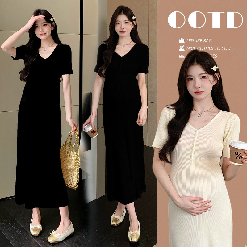 Knitted Pregnant Women 2025 Summer Dress Hot Mom Slimming V Neck Maternity Dress Can Breastfeed Knitted Pregnant Women 2025 Summer Dress Hot Mom Slimming V Neck Maternity Dress Can Breastfeed