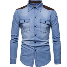 外贸镂空棉男士麂皮绒拼色水洗牛仔双袋翻领秋季长袖衬衫