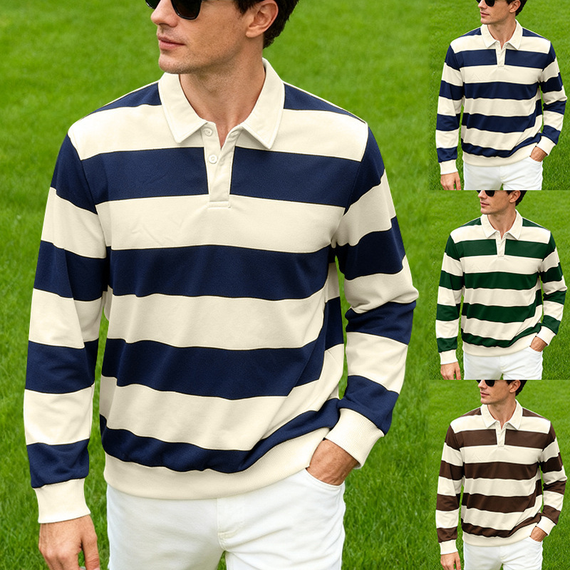 2025 Cross-Border Amazon Autumn New Men's Long-Sleeve Polo Shirt American-Style Loose Mature Striped Casual T-Shirt 2025 Cross-Border Amazon Autumn New Men's Long-Sleeve Polo Shirt American-Style Loose Mature Striped Casual T-Shirt
