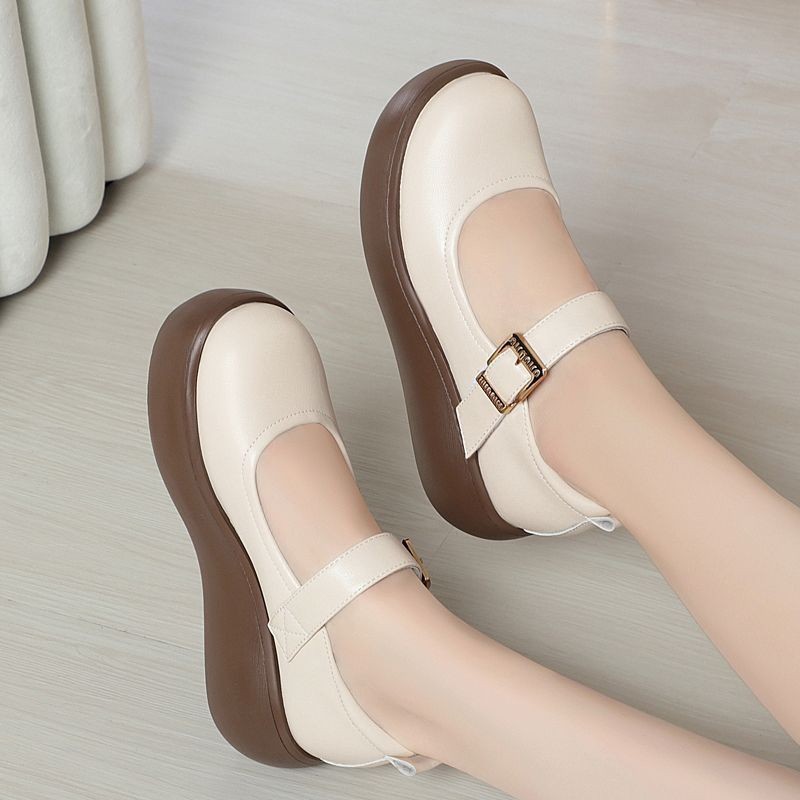 Zapatos de mujer Mary Zhen2025 nuevos zapatos de cuero suave negro de otoño zapatos de mujer ligeros con suela gruesa aumentando la altura francesa