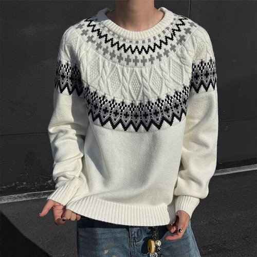 Retro Autumn/Winter 2025 Novelty Patterned Crew Neck Knit Top for Men, Loose Couple Casual Crewneck Sweater Set
