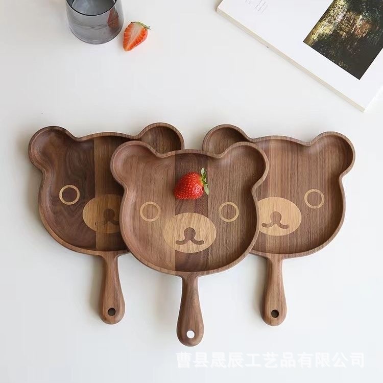 Nuevo oso de dibujos animados bandeja hogar con mango bebé suplemento de alimentos placa de madera maciza postre fruta plato postre té bandeja
