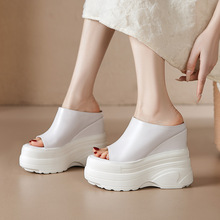 15cm超高跟厚底松糕凉拖鞋夏季真皮防水台鱼嘴凉鞋一脚蹬坡跟拖鞋