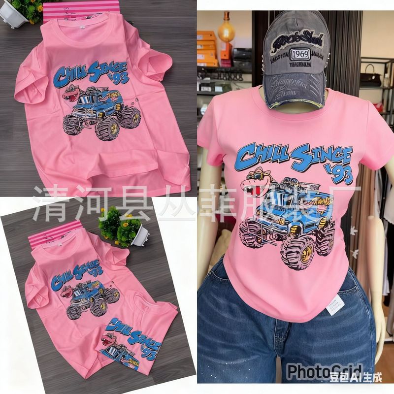 2025 Popular Export Trendy Brand Pure Cotton Short-Sleeved Round Neck T-Shirt Women's Dongdaemun Right Shoulder Printed T-Shirt Women's Cross-Border