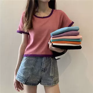 紫色短袖恤冰丝针织衫女2023夏季短款修身显瘦露锁骨小心机上衣