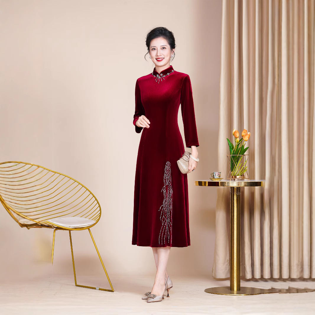 旗袍秋冬气质喜婆婆婚礼连衣裙中国风大码妈妈宴会女装新中式礼服