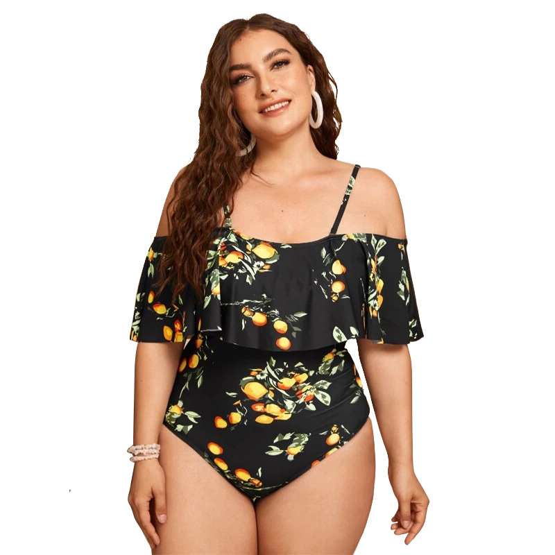 plus size print suspender lotus leaf one-piece swimsuit NSJHD124887