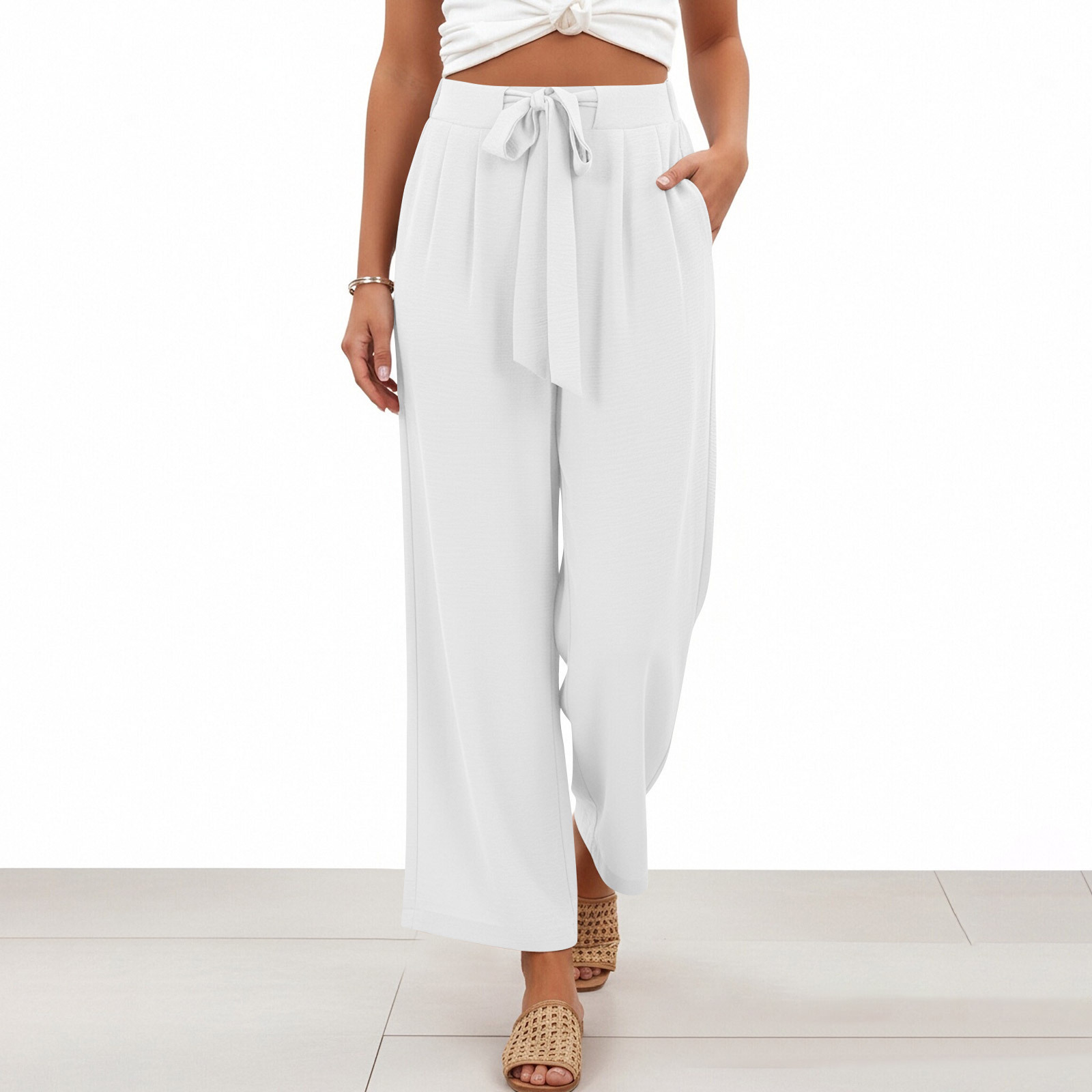 2026 primavera y verano Europa y América transfronterizos Amazon nueve pantalones de color sólido nuevo cinturón de damas pantalones casuales de piernas anchas image 8
