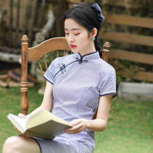 格子旗袍短款弹力棉2025春夏新款年轻日常少女花边学生旗袍代发