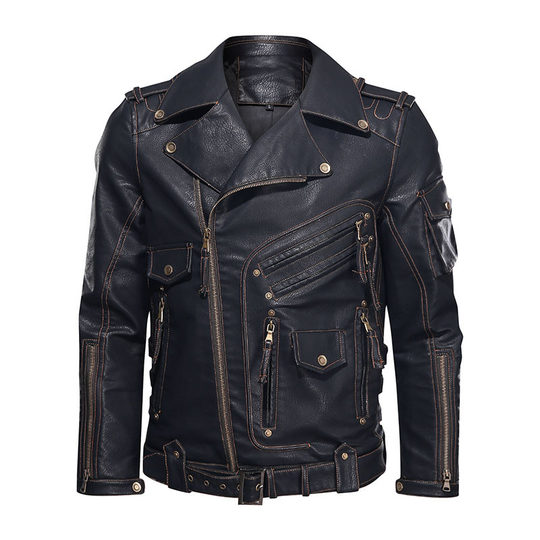Amazon Outdoor Windproof Jacket Multi-Zipper Multi-Foreign Trade Men's Personalized AliExpress European and American Coat PU Leather