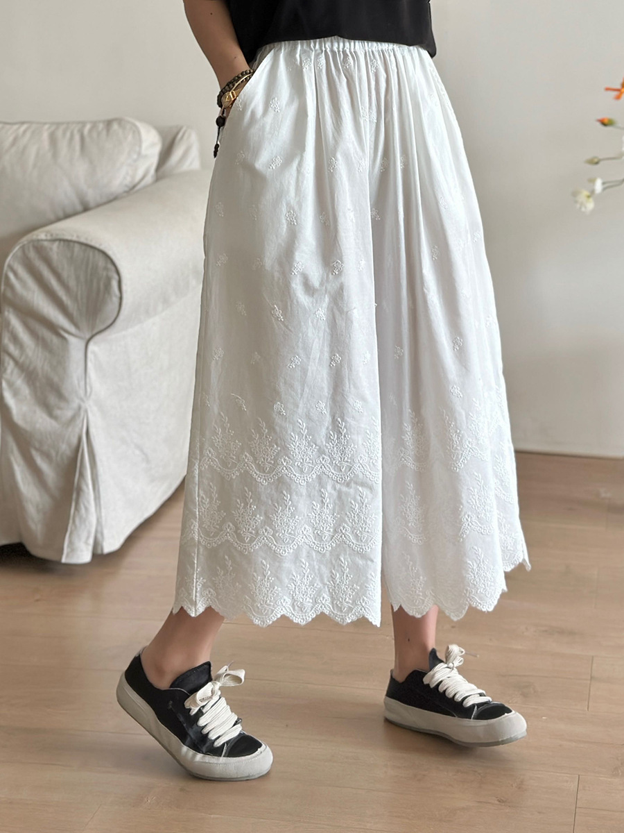 韩版新款纯色棉混定位刺绣文艺七分裤松紧腰女式棉里布阔腿裤