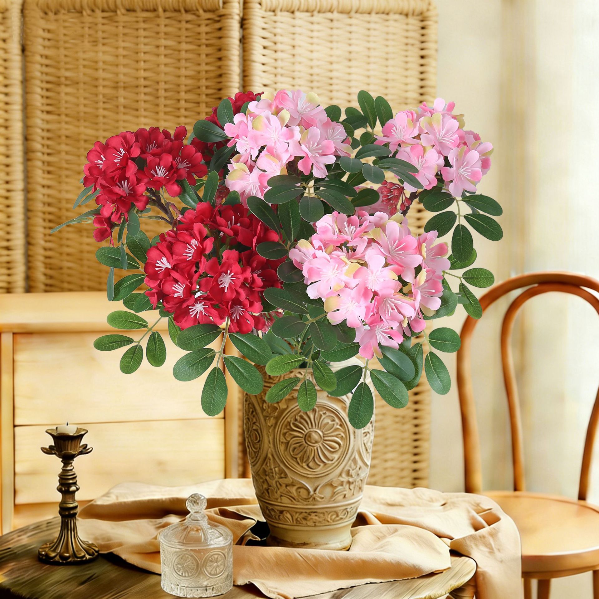 Nuevo rango transfronterizo de flores de hortenes sonrientes con flores verdes de mesa de comedor flores falsas flores de hortenes