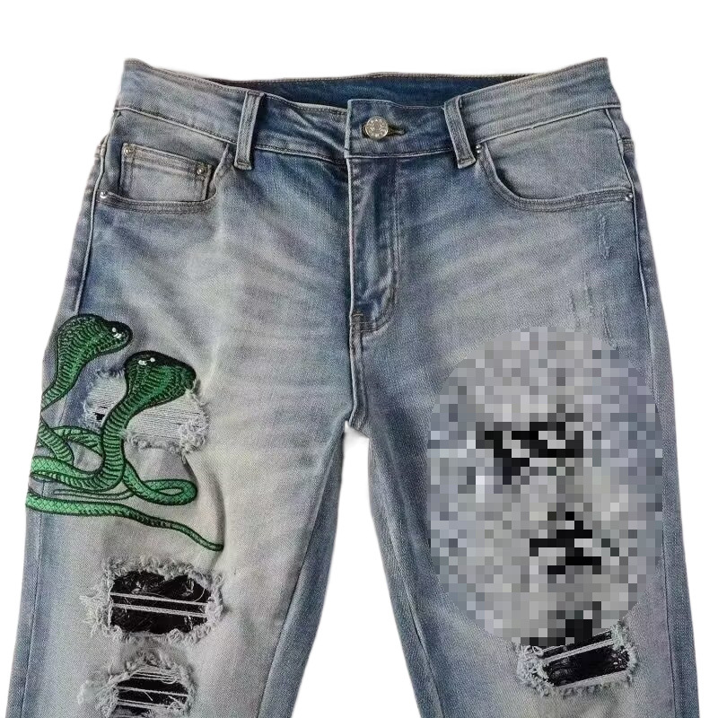 boy European And American High Street Trend Brand Vintage Distressed Niche Jeans For Men With Cobra Embroidery Patch Slim_voghion.com