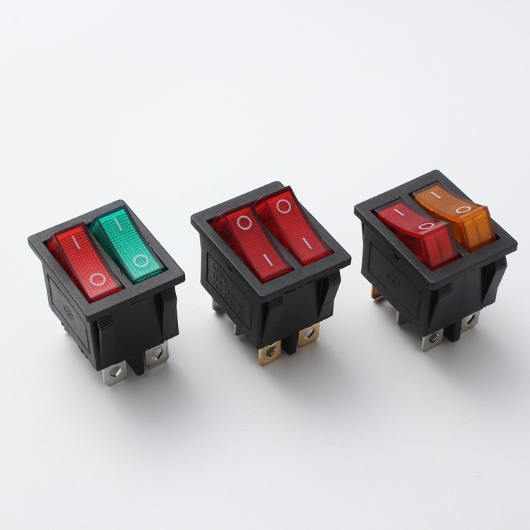 KCD43双联红绿灯六脚船型开关 25*31电暖气油汀6脚2档带灯电饭热