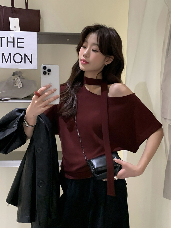 the limon柠檬绿茶秋季上新韩系慵懒风设计感飘带斜肩短袖T恤女|undefined