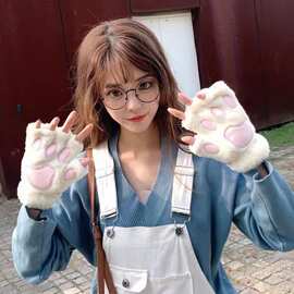 手套女冬季韩版学生骑车可爱可爱防寒加厚加绒保暖猫爪半指手套